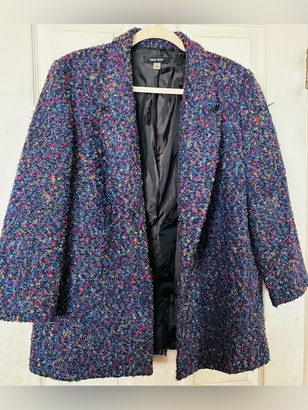 Nine West Navy Bouclé Open-Front Blazer Coat with Multicolor Flecks